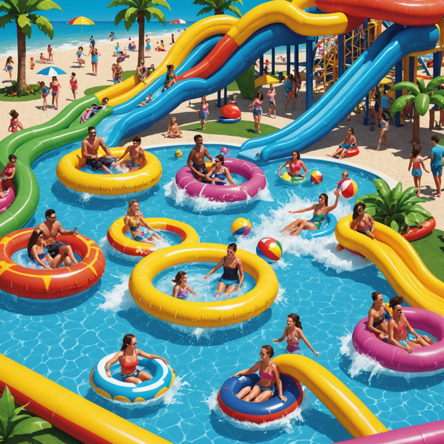 Summer Splash Festival - A group of people enjoying water slides and pools with colorful inflatables and decorations