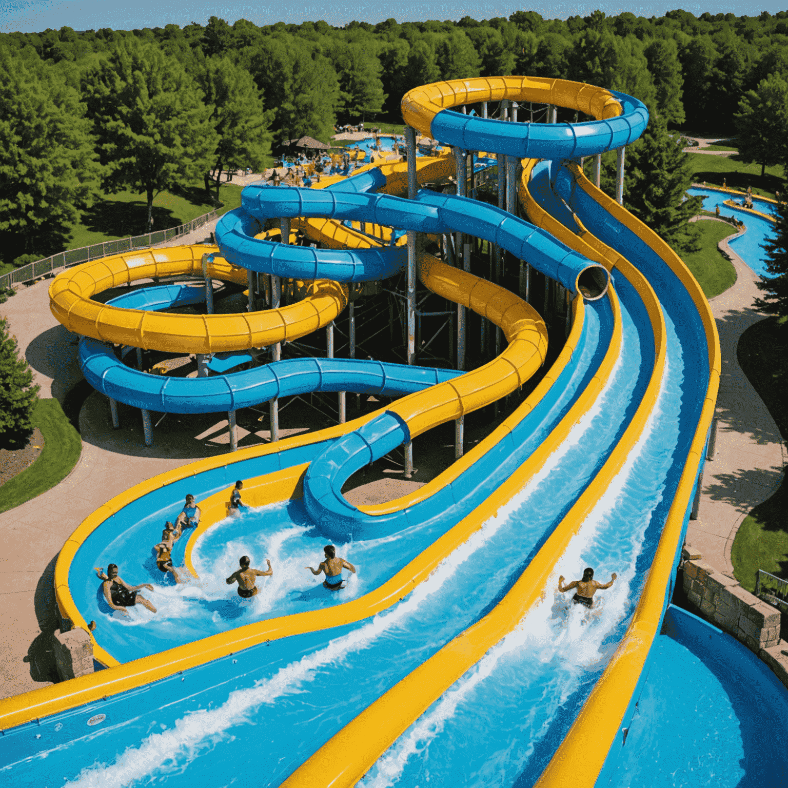 Various high-speed water slides with twists and turns, people sliding down with excitement