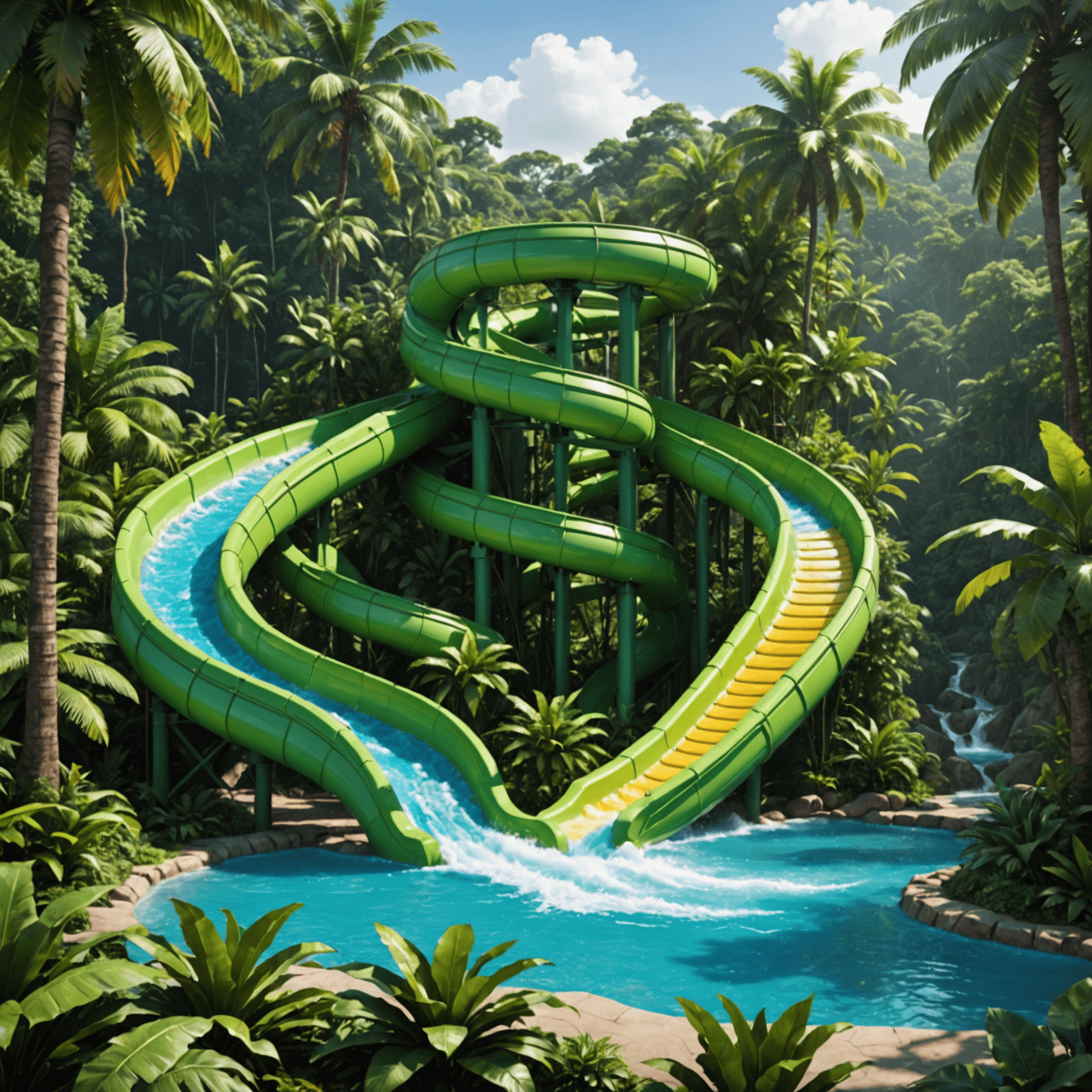 A twisting, high-speed water slide with multiple loops and steep drops, surrounded by lush tropical vegetation