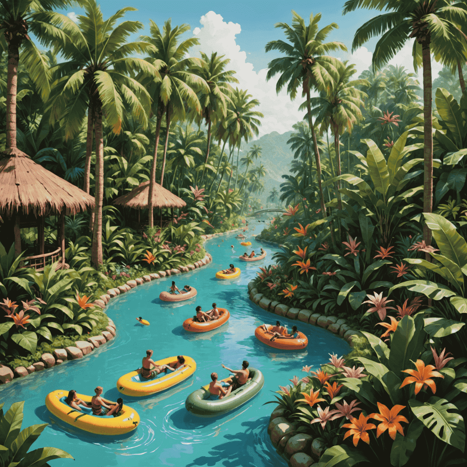 Tranquil lazy river winding through lush tropical vegetation, with people floating on colorful tubes, surrounded by palm trees and exotic flowers