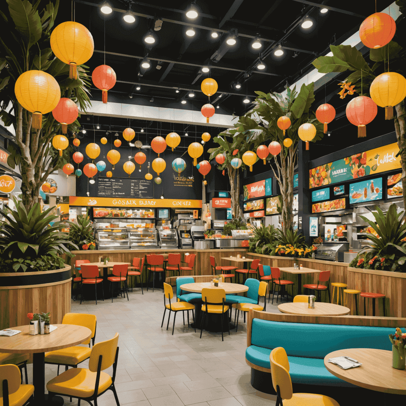 A vibrant food court with various international cuisine stalls, colorful seating areas, and tropical decorations