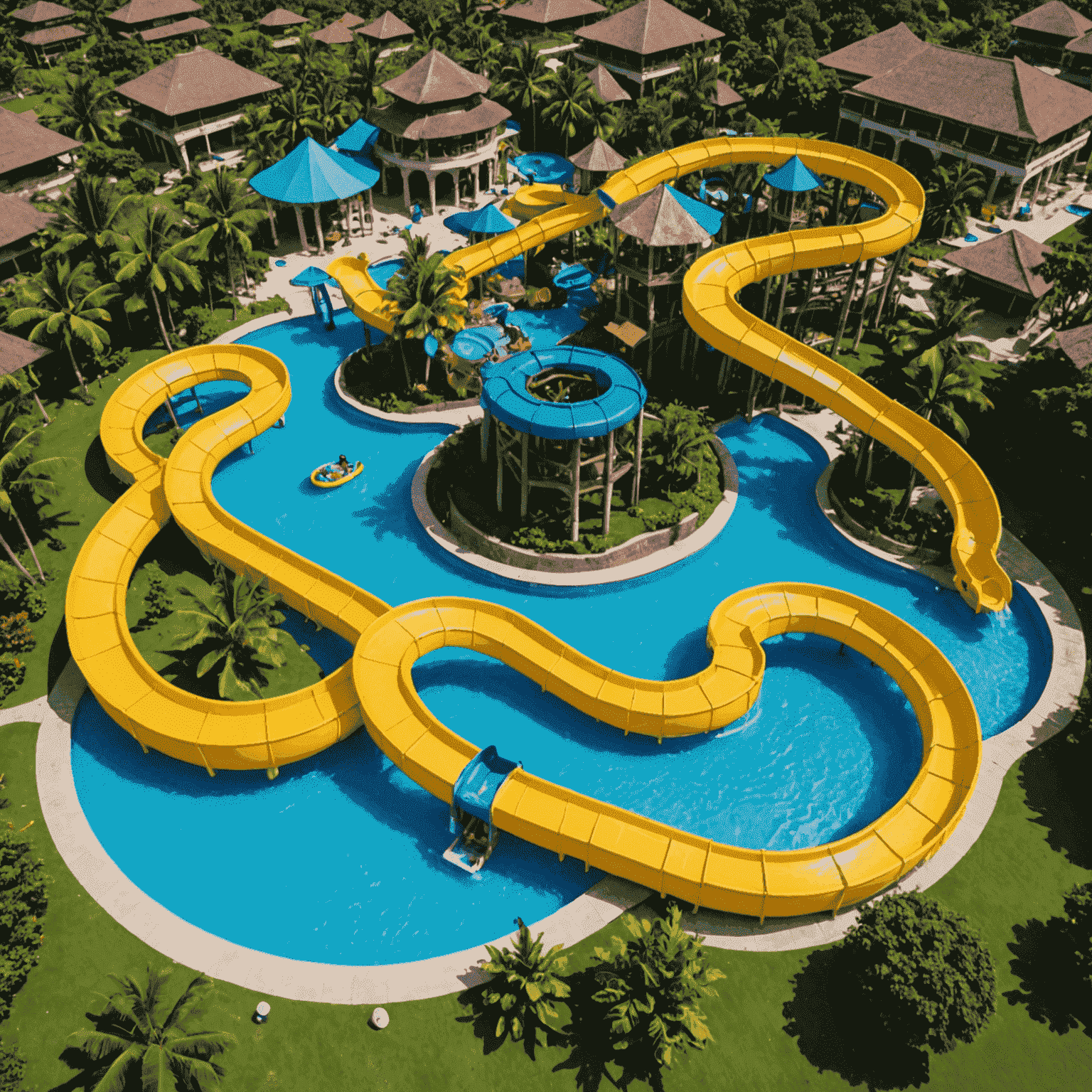 Various new water slides and attractions at Water Bom Bali, including a large spiral slide and a wave pool with excited visitors