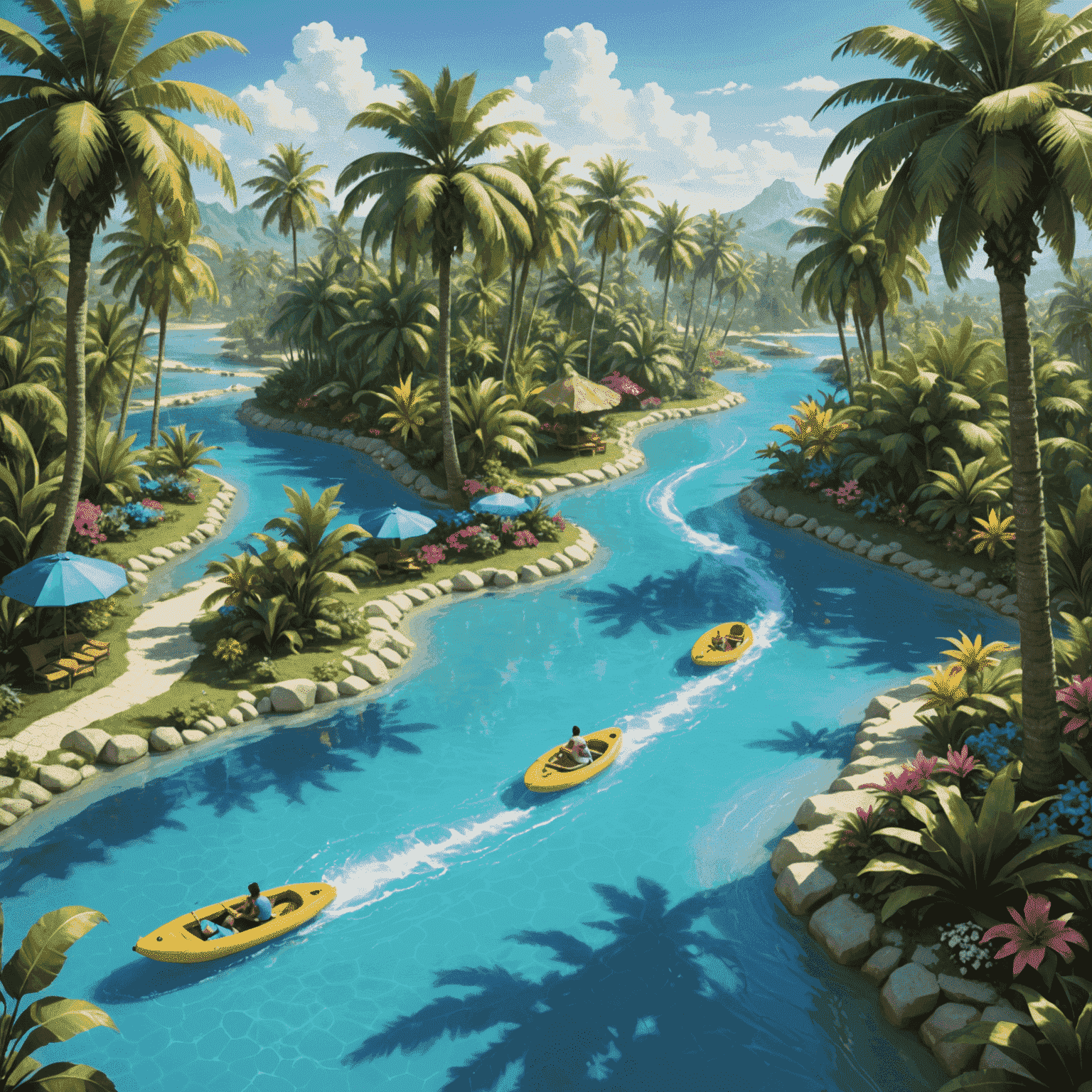 A winding lazy river with crystal clear blue water, dotted with colorful floats. Palm trees and exotic flowers line the banks, creating a serene tropical atmosphere.