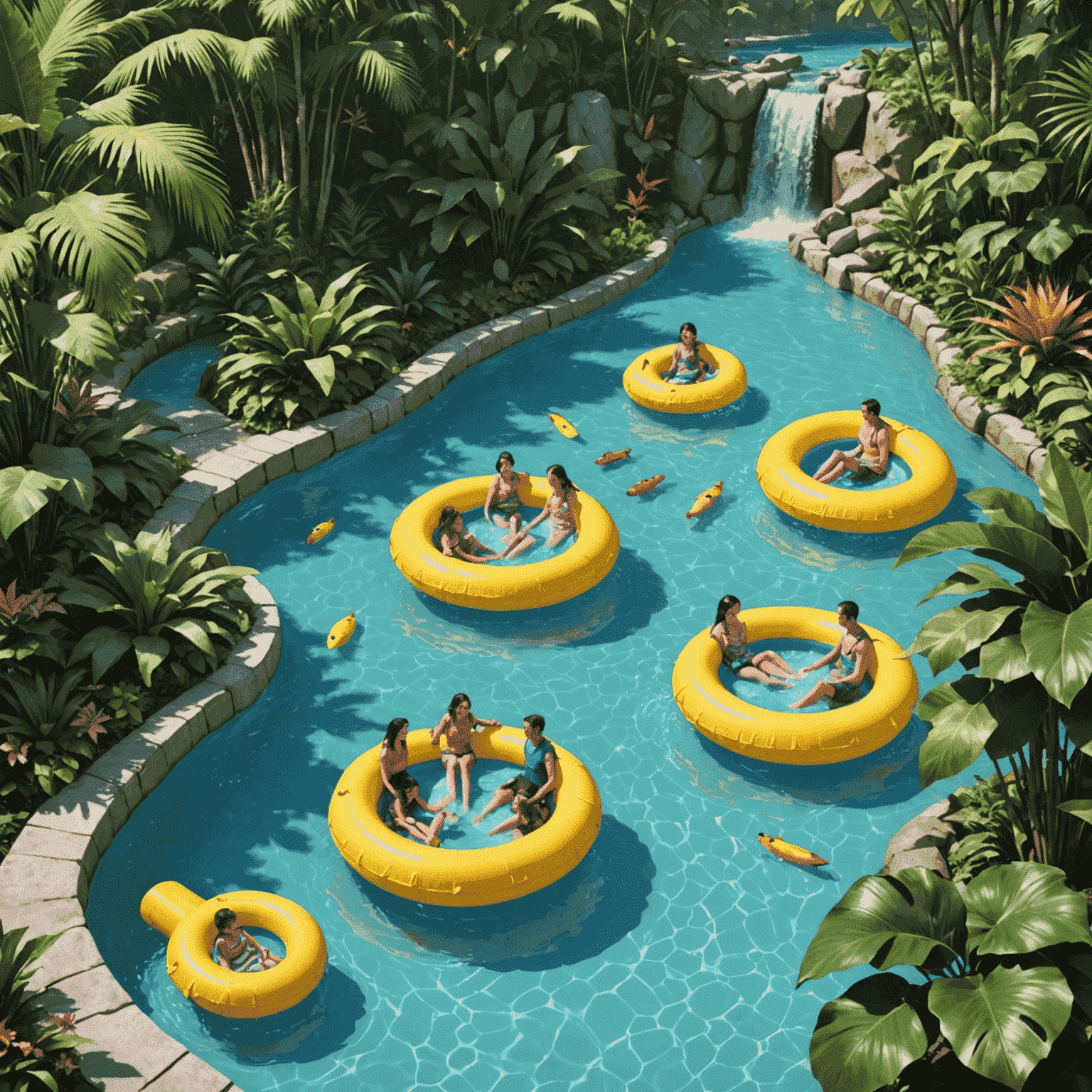 Families floating on colorful tubes down the Lazy River, surrounded by tropical plants and gentle waterfalls