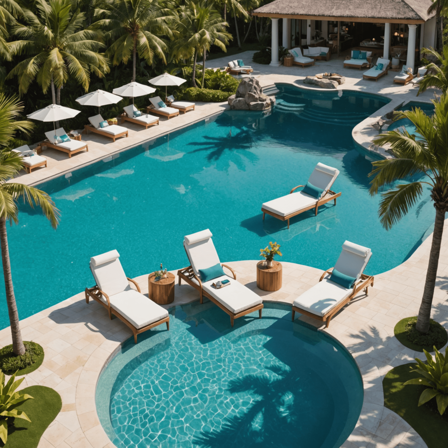 Comfortable sun loungers arranged around a crystal-clear pool, with palm trees providing shade and tropical cocktails on side tables