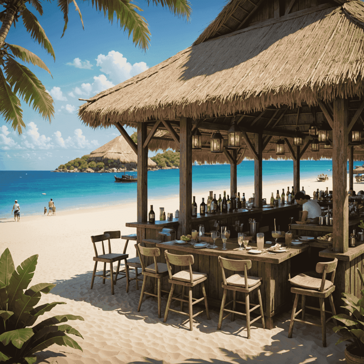 A beachside restaurant with thatched roof, serving fresh seafood and tropical drinks