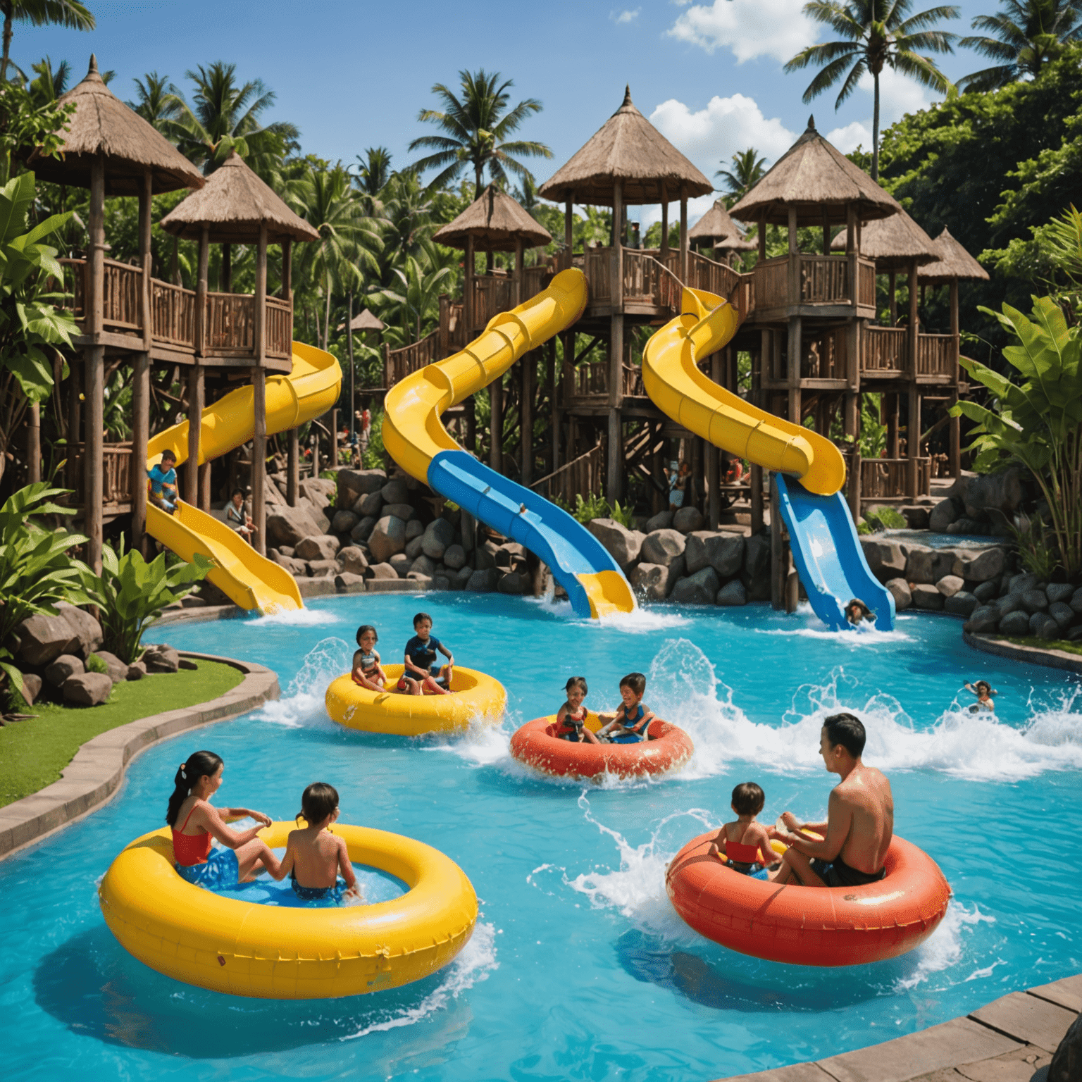 Families enjoying gentle water rides and interactive play areas at Water Bom Bali, with children splashing in shallow pools and parents watching from nearby