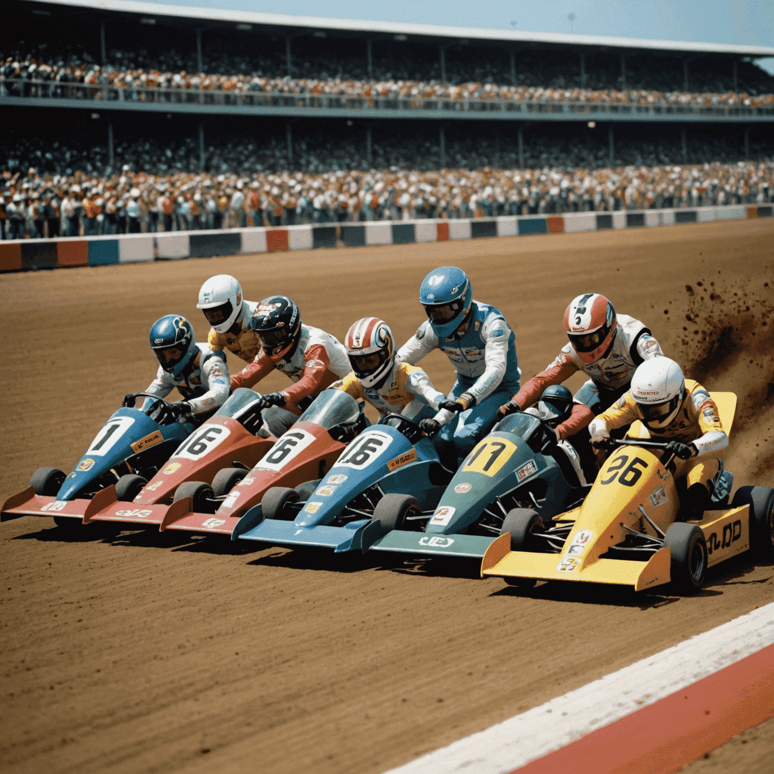 Six colorful racing slides side by side, starting from a high platform. Riders are seen racing head-first on mats, creating splashes as they zoom towards the finish line.