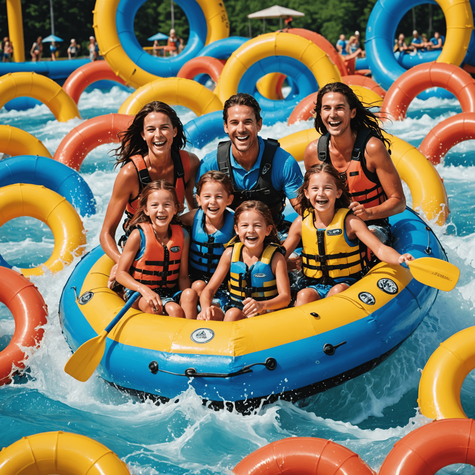 A family of four laughing and enjoying the Family Raft Ride, surrounded by colorful tube walls and splashing water