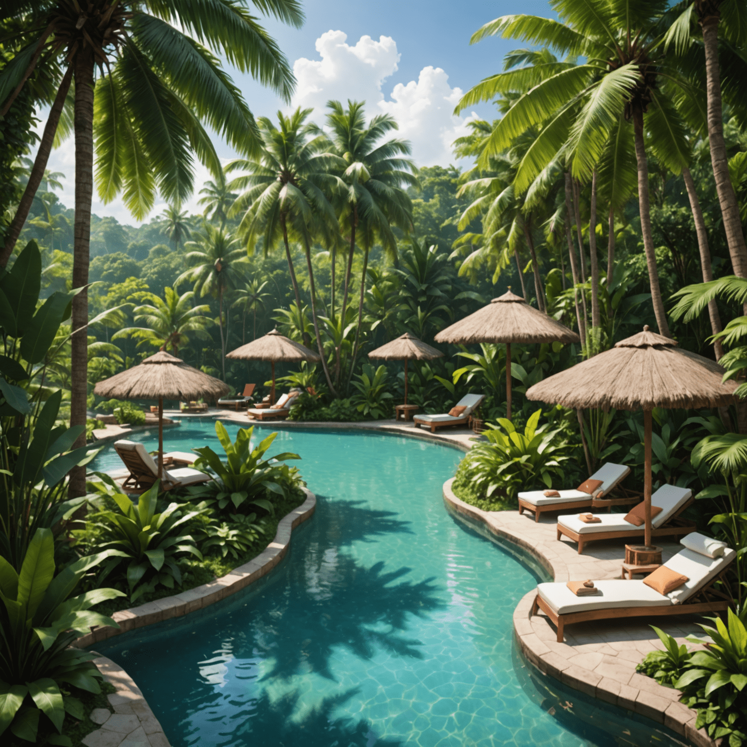 Lazy river winding through lush tropical vegetation, people relaxing on loungers, spa treatment area