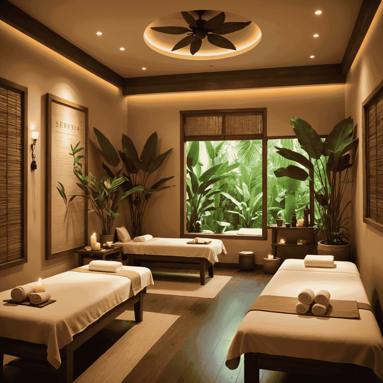 Serene spa setting with massage tables, soft lighting, and tropical decor, showcasing various relaxation treatments