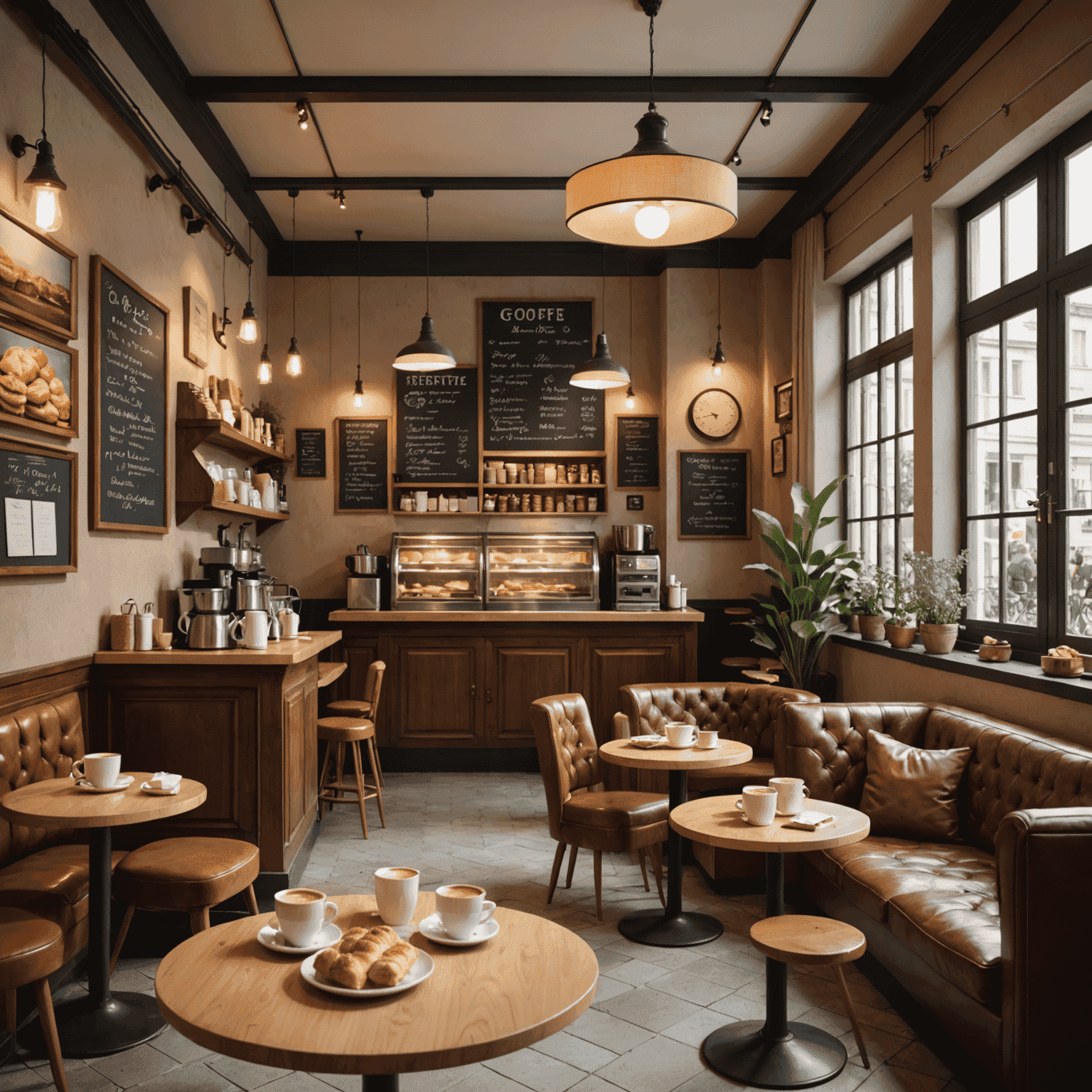 A cozy café with comfortable seating, serving coffee, pastries, and light snacks