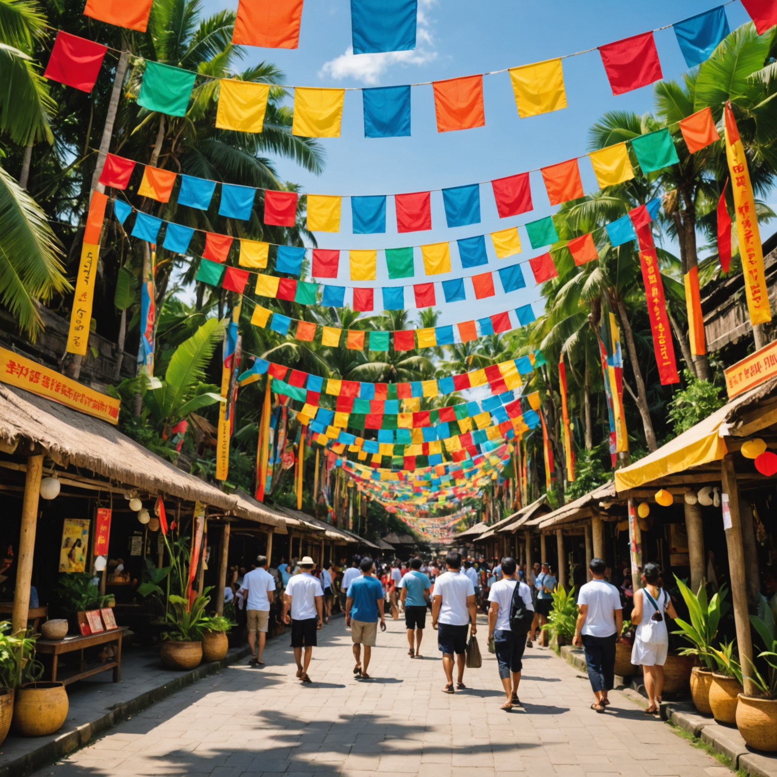 Colorful banners and decorations at Water Bom Bali announcing special events, with crowds of people enjoying festive activities and promotional offers