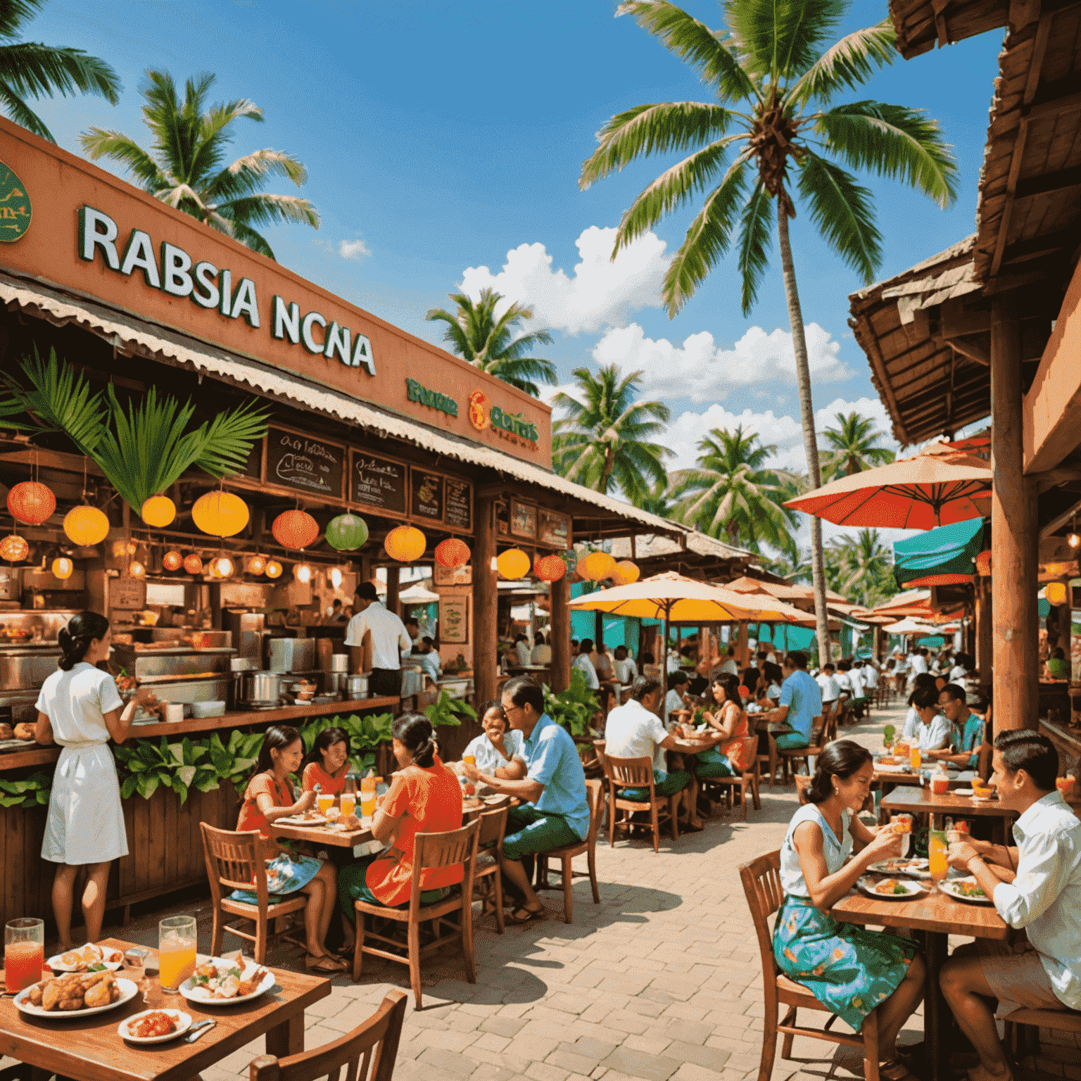 Various food outlets serving local and international cuisine, families enjoying meals, colorful tropical drinks