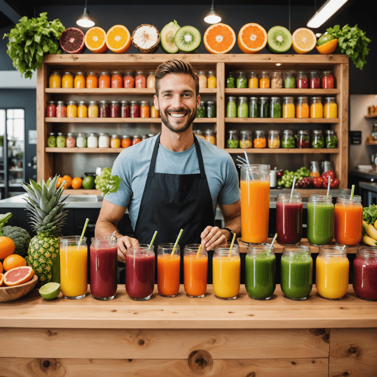 A colorful juice bar with a variety of fresh fruits and vegetables, blenders, and smiling staff