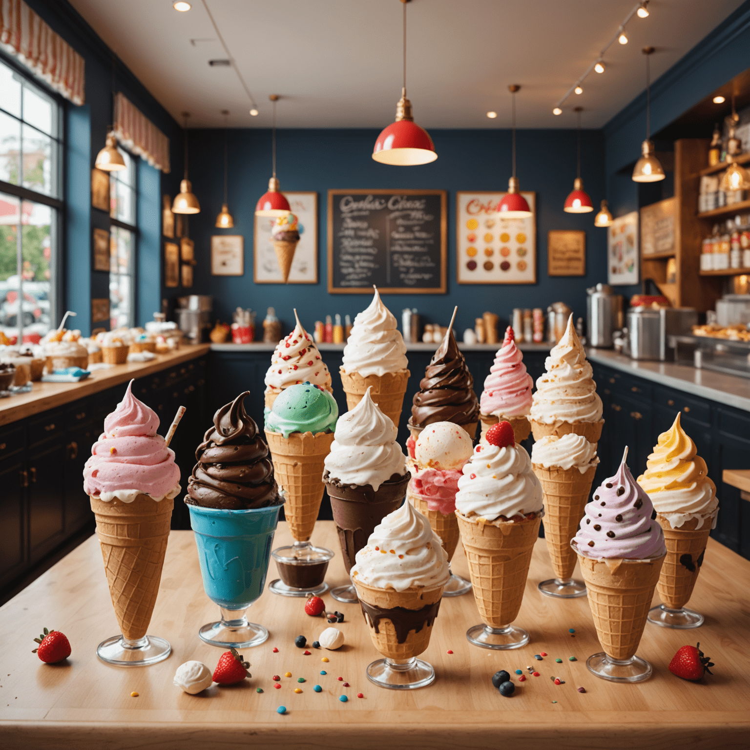 An ice cream parlor with a wide variety of flavors, toppings, and colorful decorations