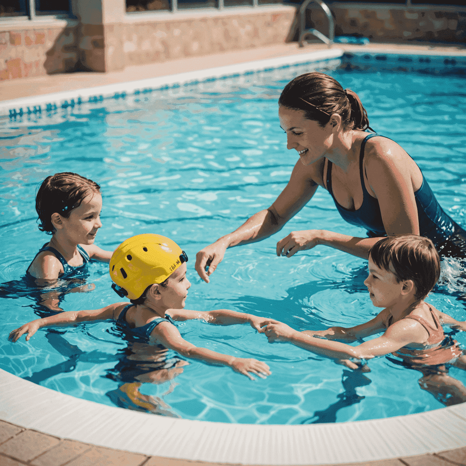 Anak-anak belajar berenang dengan instruktur di kolam dangkal yang aman dan berwarna-warni