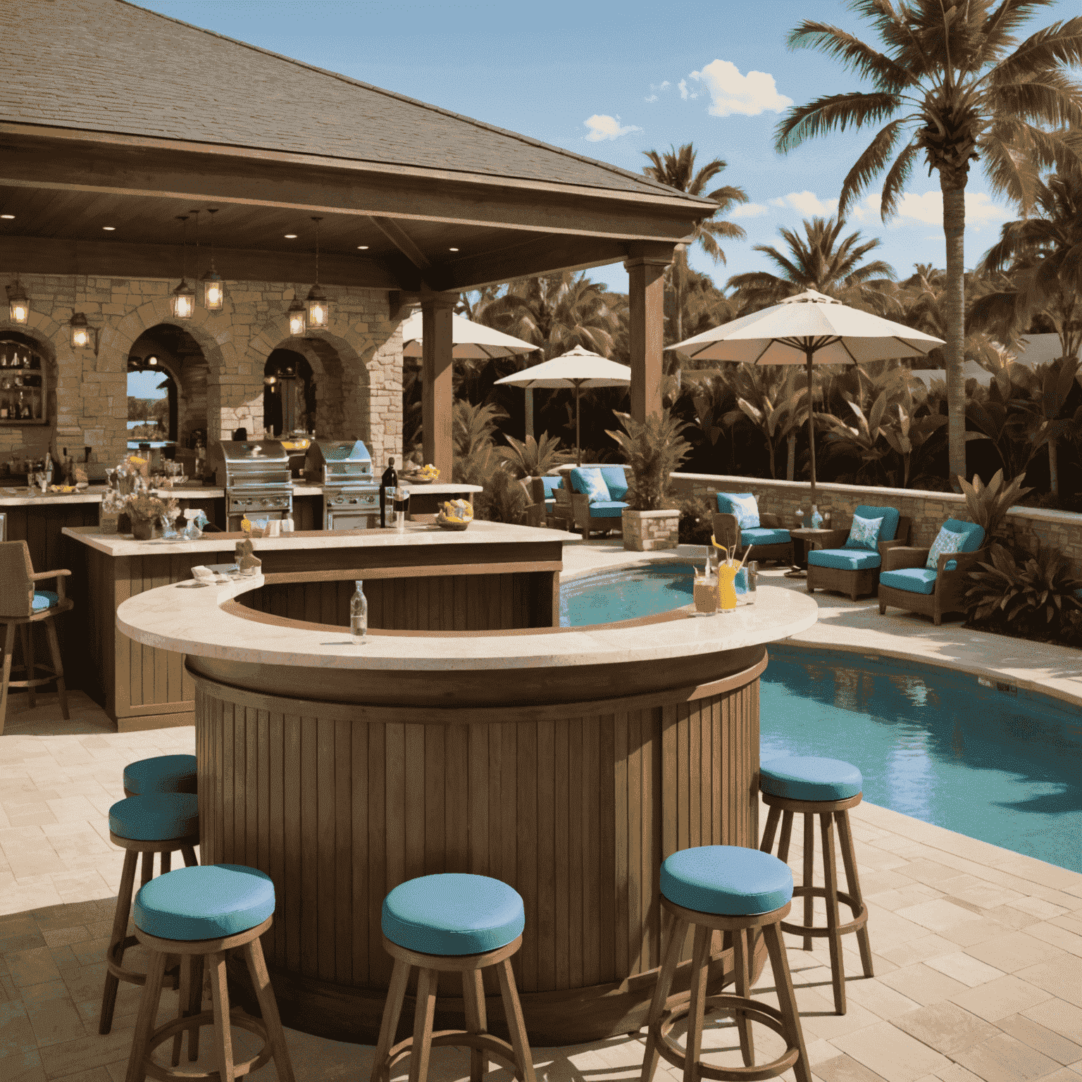 A poolside bar with swim-up seating, serving cocktails and mocktails